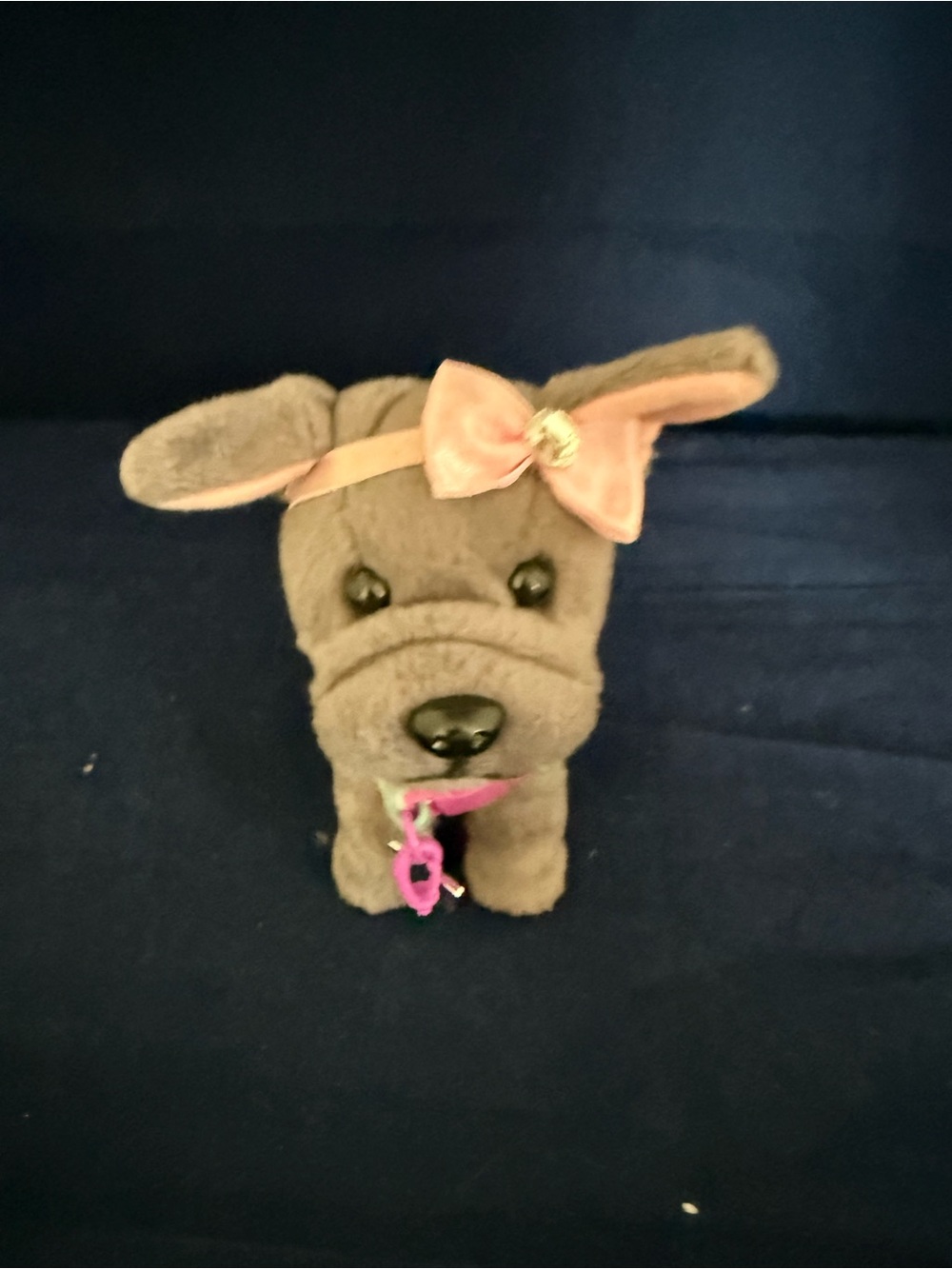 American Girl Gray Plush Dog Toy with Pink Bow and Pink Charm